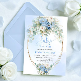 Convite Refined Blue Peony Floral Eucalyptus Baby Shower