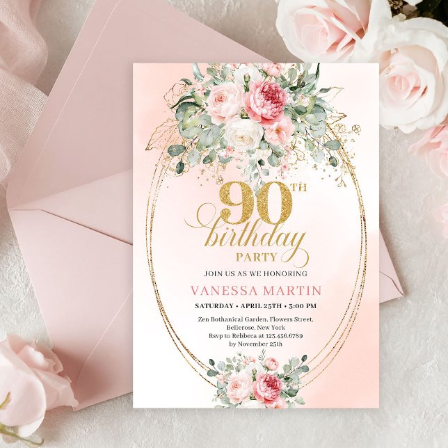 Convite Refined Blush Roses Gold Minimal 90th Birthday  (Modern Bohemian Blush Floral 90th Birthday Invitation)