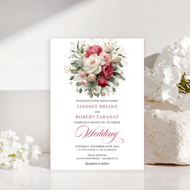 Convite Refined Bohemian Red White Floral Greenery Invite (Refined Bohemian Red White Floral Greenery Invitation)