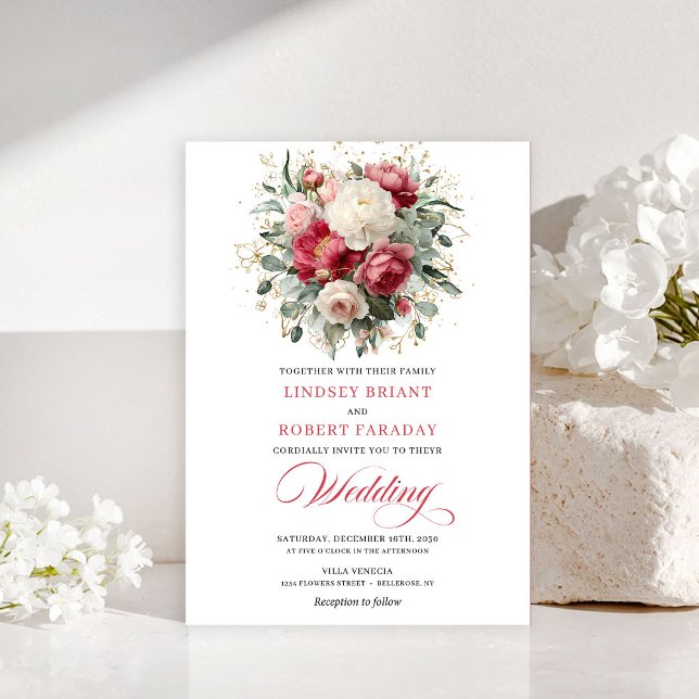 Convite Refined Bohemian Ruby Red White Gold Invitation (Glam Boho Crimson Red Blush Floral Greenery Invite)