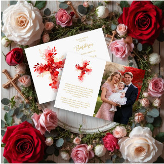 Convite Refined Botanical Cross in Red Tones Photo Baptism