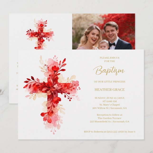 Convite Refined Botanical Cross in Red Tones Photo Baptism (Frente/Verso)