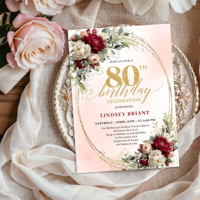 Convite Refined Burgundy Floral Gold 80th Birthday Invite (Refined Burgundy Floral Gold 80th Birthday Invitation)