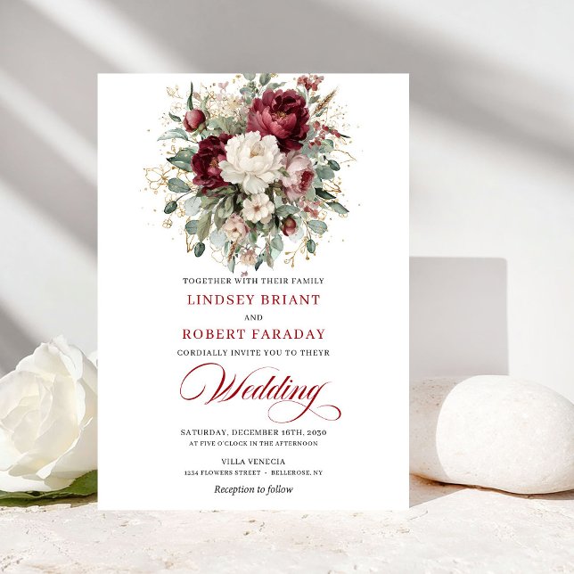 Convite Refined Burgundy White Floral Wedding Invitation (Refined Burgundy White Floral Wedding Invitation)