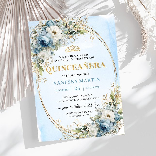 Convite Refined Dusty Blue Gold Greenery Quince 15 (Refined Dusty Blue Gold Greenery Quince 15)