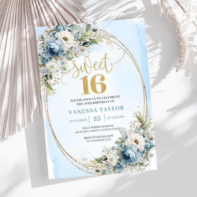 Convite Refined Dusty Blue Greenery Sweet Sixteen Invites (Refined Dusty Blue Greenery Sweet Sixteen Invitation)