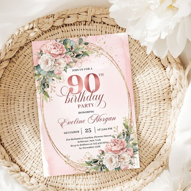 Convite Refined Dusty Pink Gold Greenery 90th Birthday  (Refined Dusty Pink Gold Greenery 90th Birthday Invite)