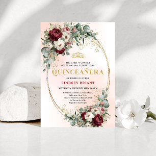 Convite Refined Marsala Floral Dourado para Quince