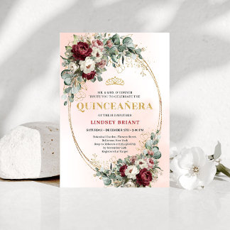 Convite Refined Marsala Floral Gold Quinceañera Invitation