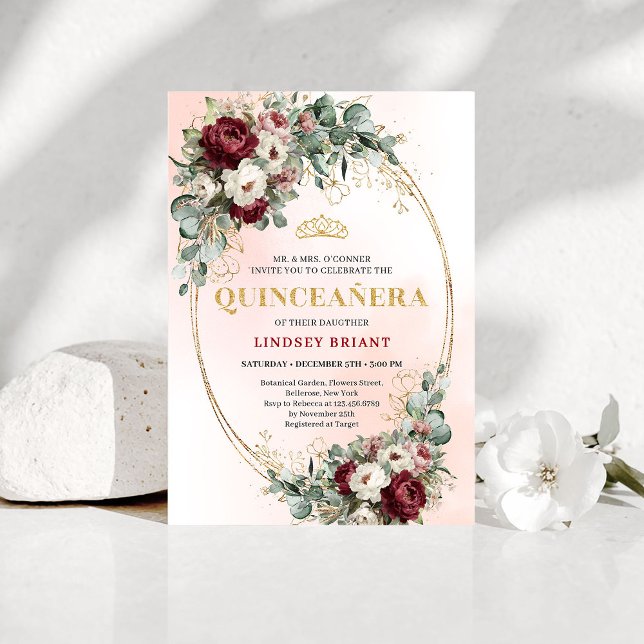 Convite Refined Marsala Floral Gold Quinceañera Invitation (Refined Marsala Floral Gold Quinceañera Invitation)