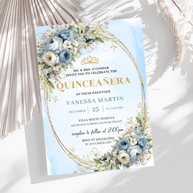 Convite Refined Pastel Blue Gold Eucalyptus Quince Invites (Refined Pastel Blue Gold Eucalyptus Quince Invitation)