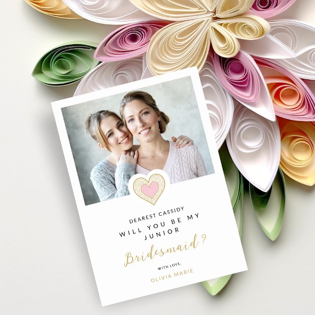 Convite Refined Pink Lace Heart Photo Jr Bridesmaid (Romantic Refined Cute Pink Lace Heart Photo Jr Bridesmaid Proposal Card.)