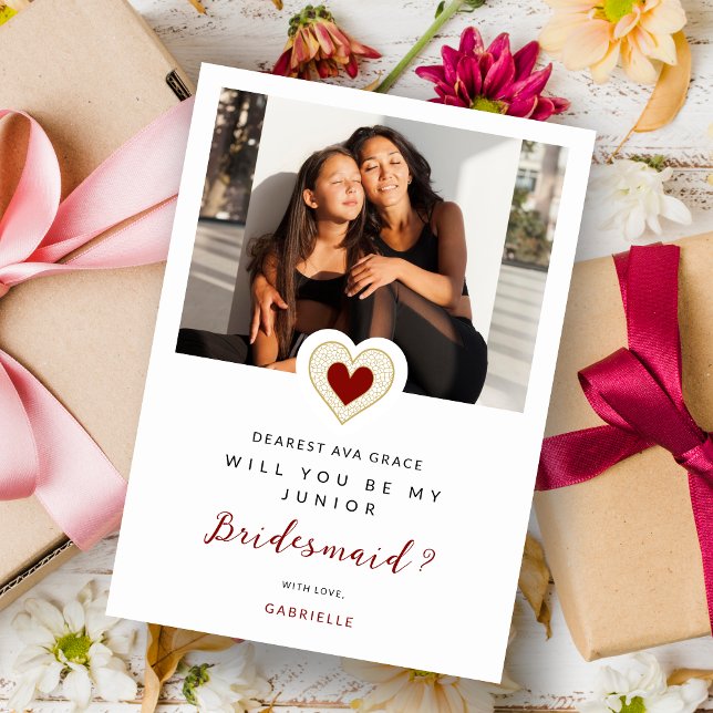 Convite Refined Red Lace Heart Photo Jr Bridesmaid (Romantic Refined Cute Red Heart Photo Jr Bridesmaid Proposal Card with Envelope.)