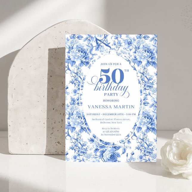 Convite Refined Royal Blue Toile de Jouy Floral 50 Birthd (Refined Royal Blue Toile de Jouy Floral 50th Birthday)