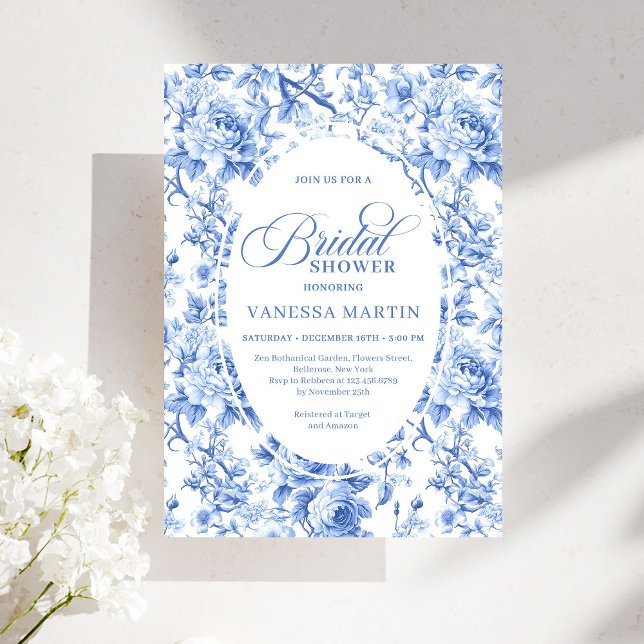 Convite Refined Royal Blue Toile de Jouy Floral Bridal (Refined Royal Blue Toile de Jouy Floral Bridal Shower)
