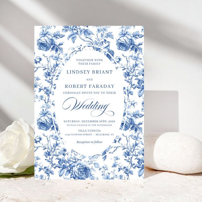 Convite Refined Royal Blue Toile de Jouy Floral Wedding  (Refined Royal Blue Toile de Jouy Floral Wedding Invite)