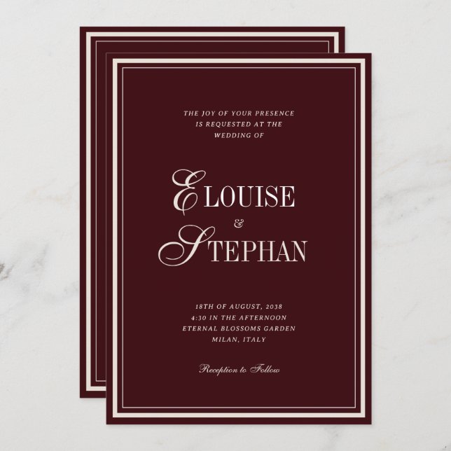 Convite Refined Script Burgundy QR Code Details Wedding (Frente/Verso)