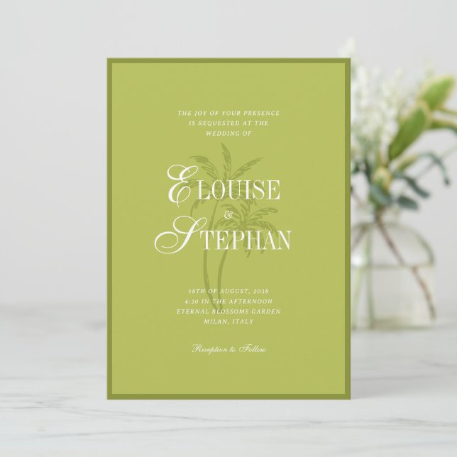 Convite Refined Script Palm Tree Chartreuse Beach Wedding (Em pé/Frente)