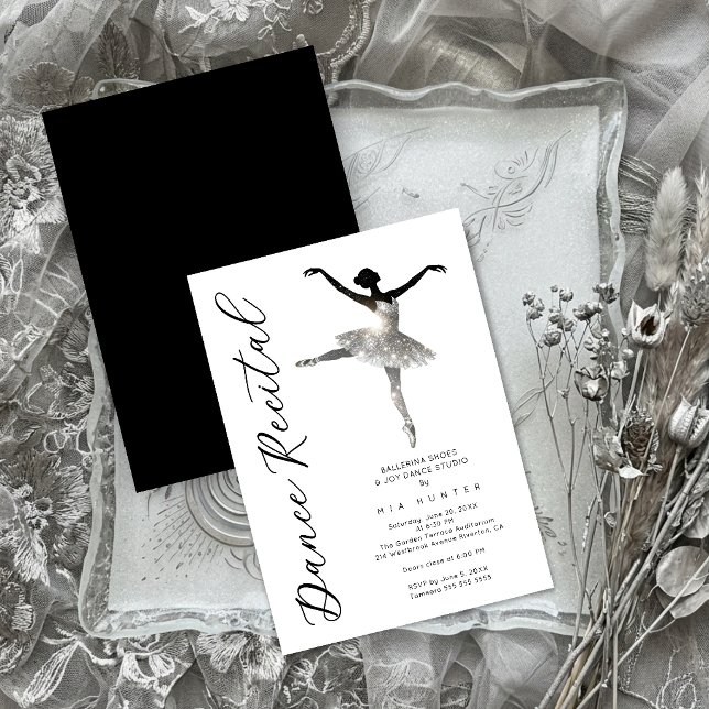 Convite Refined Silver Sparkle Ballet Recital TMF26 (Sophisticated Black and White Ballerina Dance Recital Invitation with Faux Silver Glitter Tutu.)