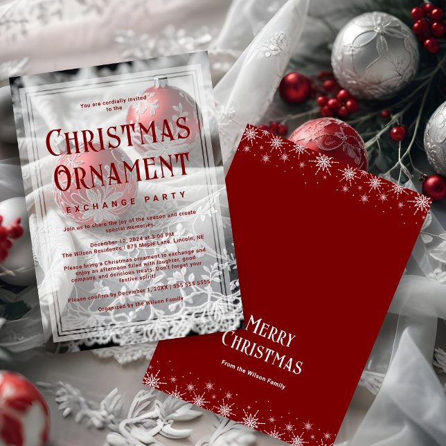 Convite Refined Vellum Grey Shades Red Christmas Ornament (Refined Vellum Grey Shades & Red Christmas Ornament Exchange Party Invitations Cards.)