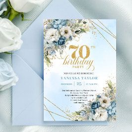 Convite Refined watercolor blue florals gold 70th birthday