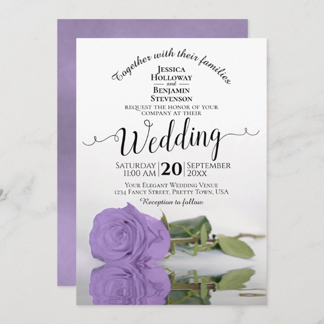 Convite Refletindo Casamento Elegante Rosa Roxo Lavanda (Frente/Verso)