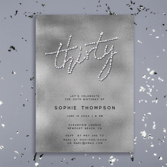 Convite Reflexões Prateados Modernos Rinestones Glam 30 (modern glam elegant rhinestones calligraphy 30th birthday invitation for women classy chic soiree)