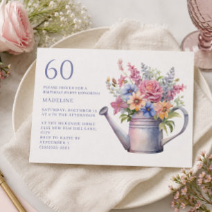 Convite Regador Floral Roxo Pêssego Aniversário de 60 anos