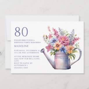 Convite Regador Floral Roxo Pêssego Aniversário de 80 anos