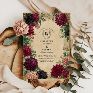 Convite Regal Burgundy Dahlias com Quadro Dourado Ornament