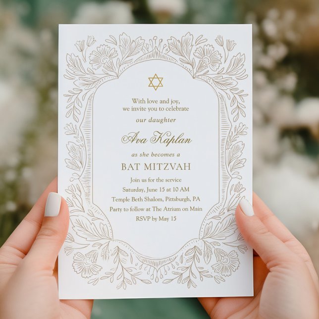Convite Regal Gold Floral Bat Mitzvah  (Criador carregado)