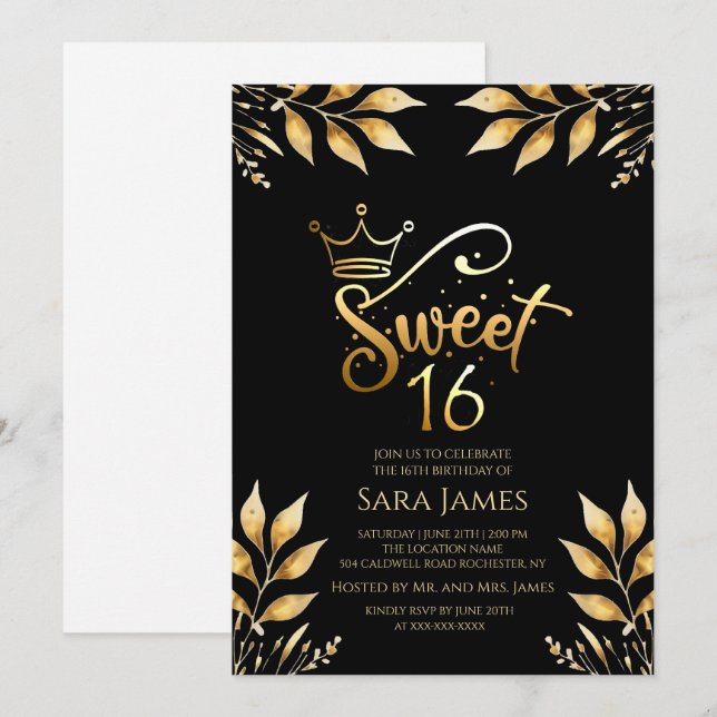 Convite Regal Gold & Obsidian Sweet 16 Birthday Invitation (Frente/Verso)