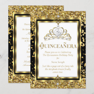 Convite Regal Princess Quinceanera 15º Dourado Preto Branc