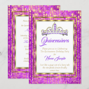 Convite Regal Princess Roxo Quinceanera Dourado Branco
