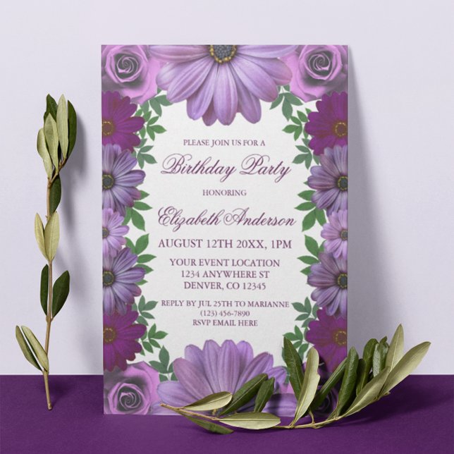 Convite Regal Purple Floral Birthday (Criador carregado)