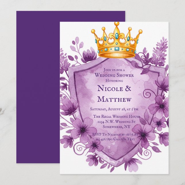 Convite Regal Purple Floral Crest Casamento (Frente/Verso)