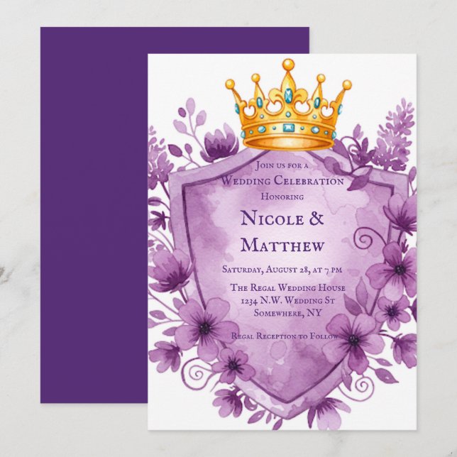 Convite Regal Purple Floral Crest Casamento (Frente/Verso)