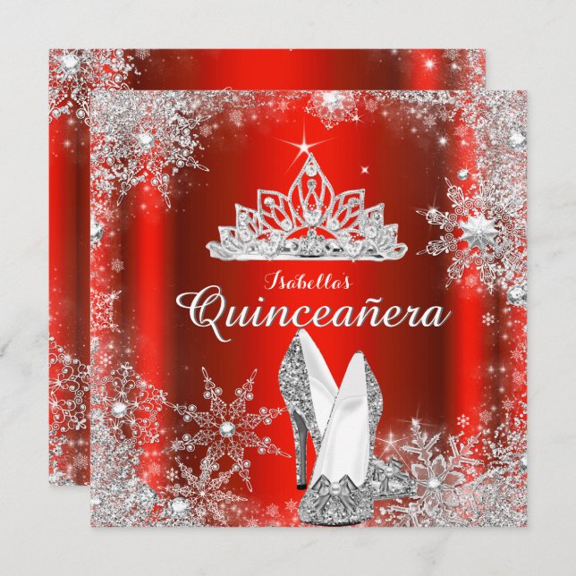 Convite Regal Red Quinceanera Silver Tiara 15 Birthday (Frente/Verso)