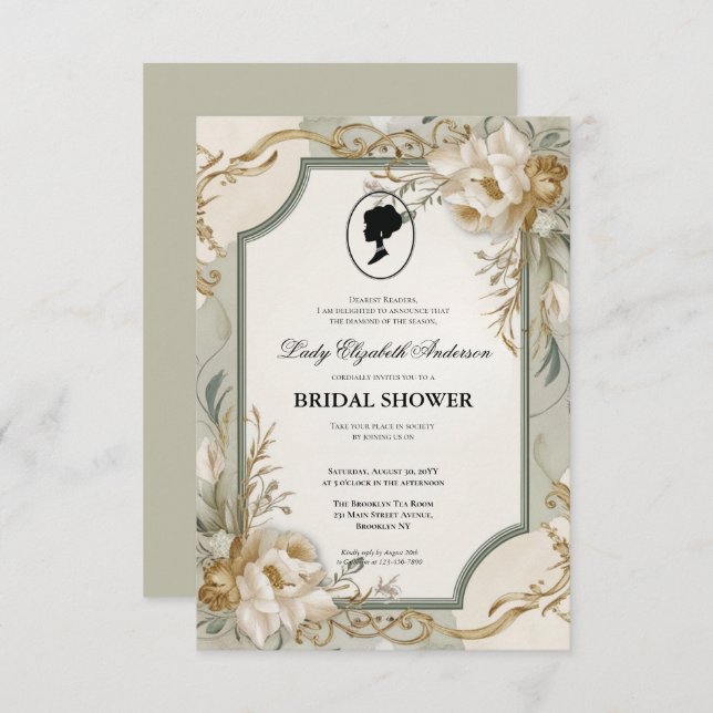 Convite Regência era Florals Bridgerton - Chá de panela In (Frente/Verso)