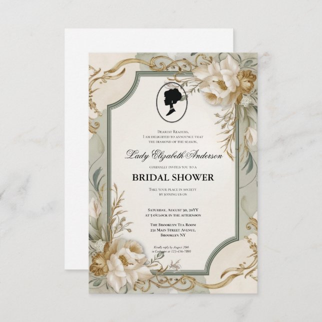 Convite Regência era Florals Bridgerton - Chá de panela In (Frente/Verso)