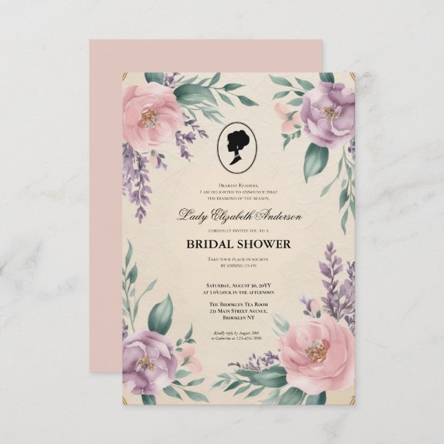 Convite Regência era Florals Bridgerton - Chá de panela In (Frente/Verso)