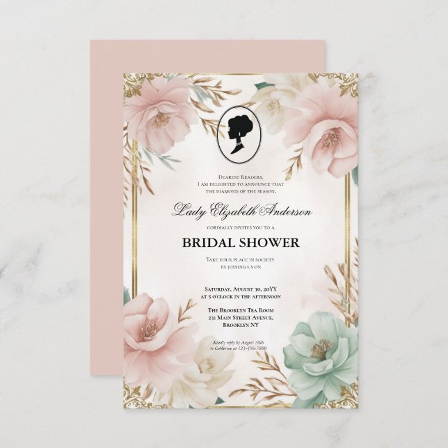 Convite Regência era Florals Bridgerton - Chá de panela In (Frente/Verso)