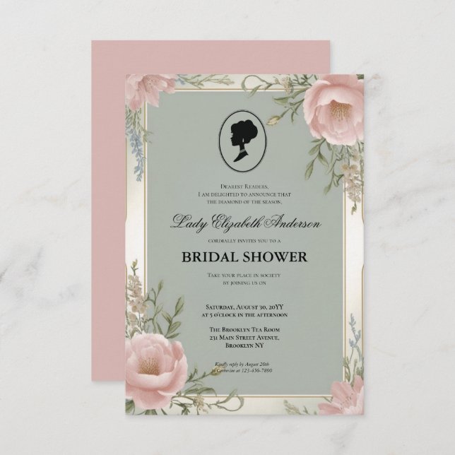 Convite Regência era Florals Bridgerton - Chá de panela In (Frente/Verso)