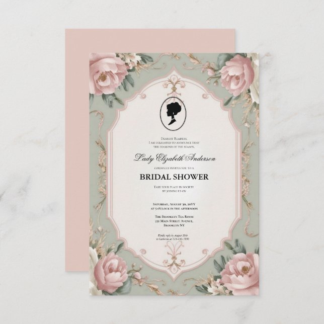 Convite Regência era Florals Bridgerton - Chá de panela In (Frente/Verso)