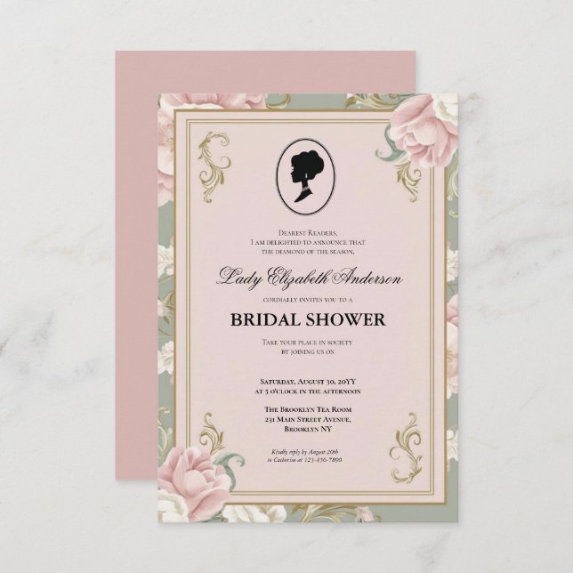 Convite Regência era Florals Bridgerton - Chá de panela In (Frente/Verso)