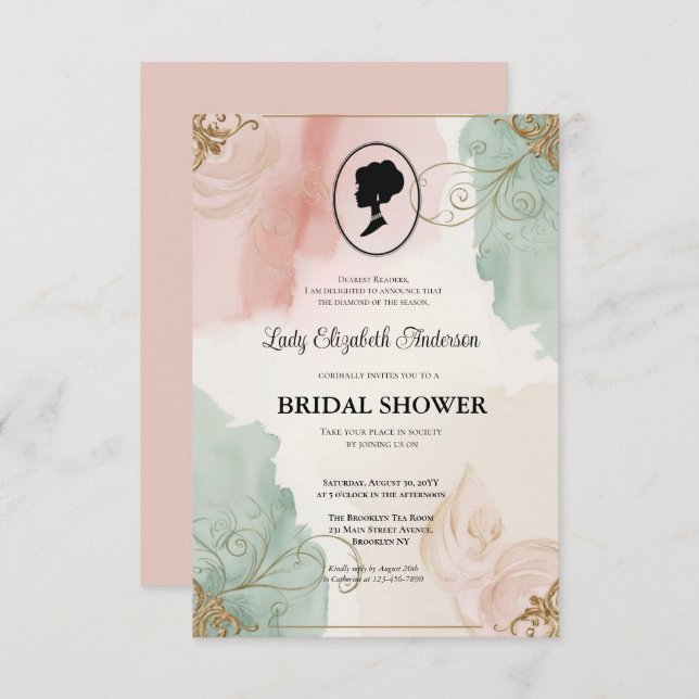 Convite Regência era Florals Bridgerton - Chá de panela In (Frente/Verso)