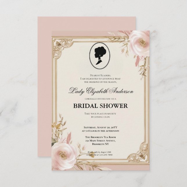 Convite Regência era Florals Bridgerton - Chá de panela In (Frente/Verso)