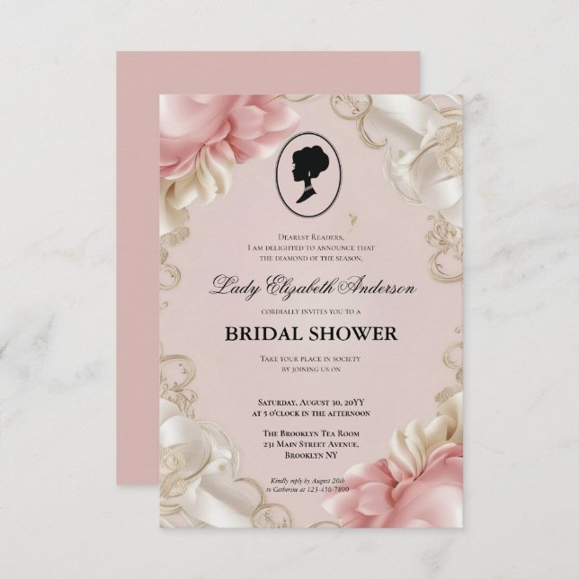 Convite Regência era Florals Bridgerton - Chá de panela In (Frente/Verso)