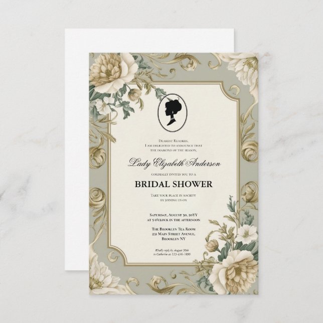 Convite Regência era Florals Bridgerton - Chá de panela In (Frente/Verso)