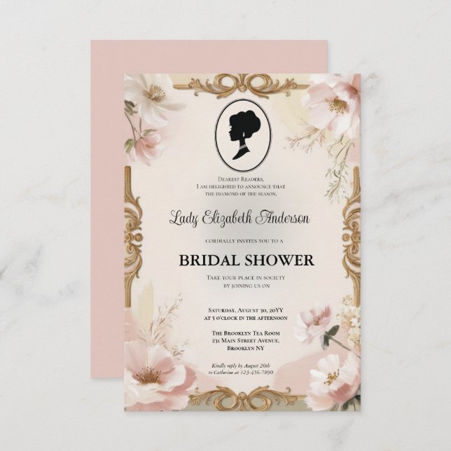 Convite Regência era Florals Bridgerton - Chá de panela In (Frente/Verso)